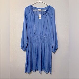 LOFT outlet NWOT light blue satin smocked waist long sleeve mini dress size 14